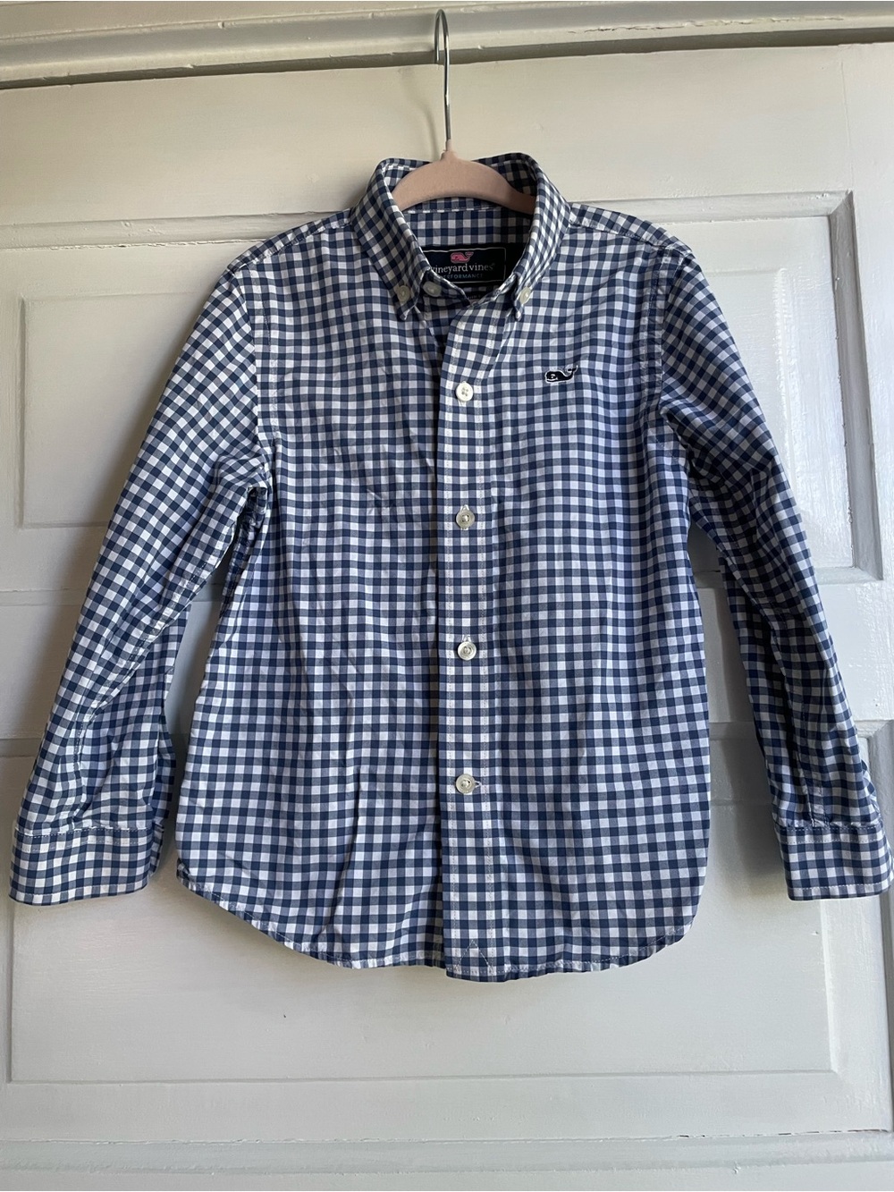 Vineyard Vines Boys' Performance Button Up Whale Shirt Navy Gingham 3T